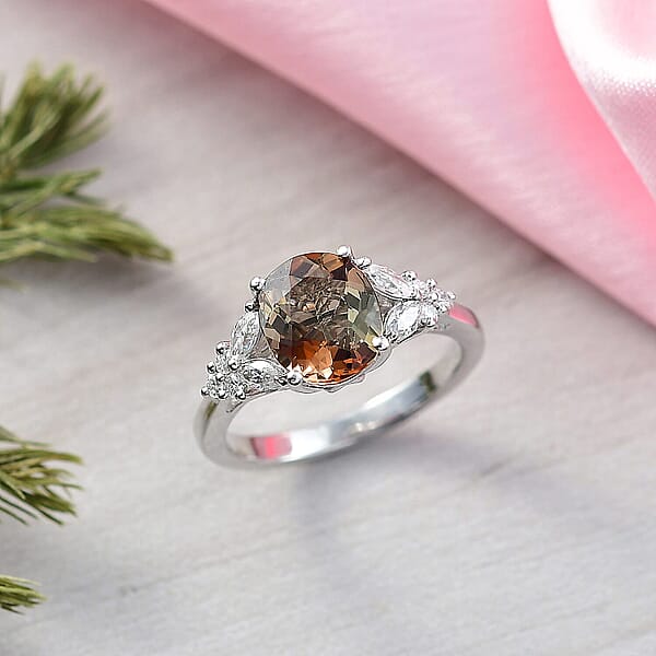 D'Joy Jenipapo Andalusite And Moissanite 3.15 Ctw Ring In Rhodium Over Sterling Silver