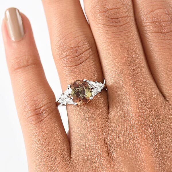 D'Joy Jenipapo Andalusite And Moissanite 3.15 Ctw Ring In Rhodium Over Sterling Silver