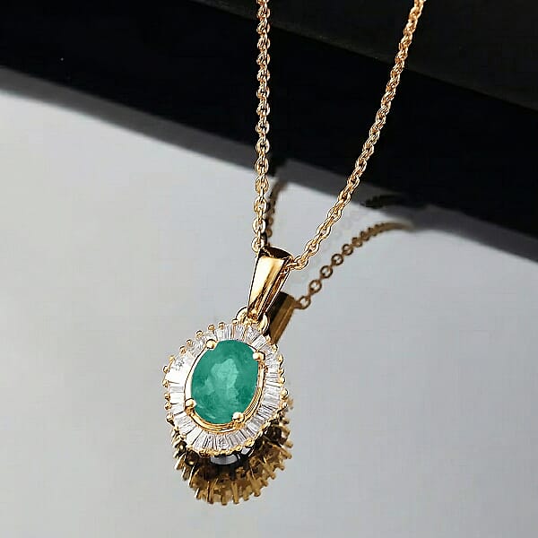 D'Joy Kagem Zambian Emerald And Diamond 1.00 Ctw Pendant Necklace In 18K Vermeil Yellow God Over Sterling Silver 20 Inches