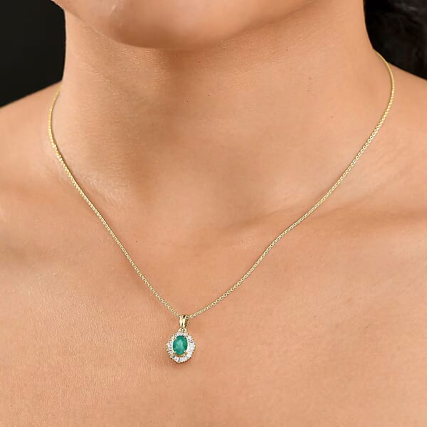 D'Joy Kagem Zambian Emerald And Diamond 1.00 Ctw Pendant Necklace In 18K Vermeil Yellow God Over Sterling Silver 20 Inches