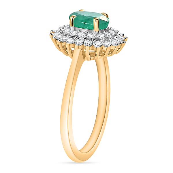 D'Joy Kagem Zambian Emerald And Diamond 1.30 Ctw Sunburst Ring In 18K Vermeil Yellow Gold Over Sterling Silver