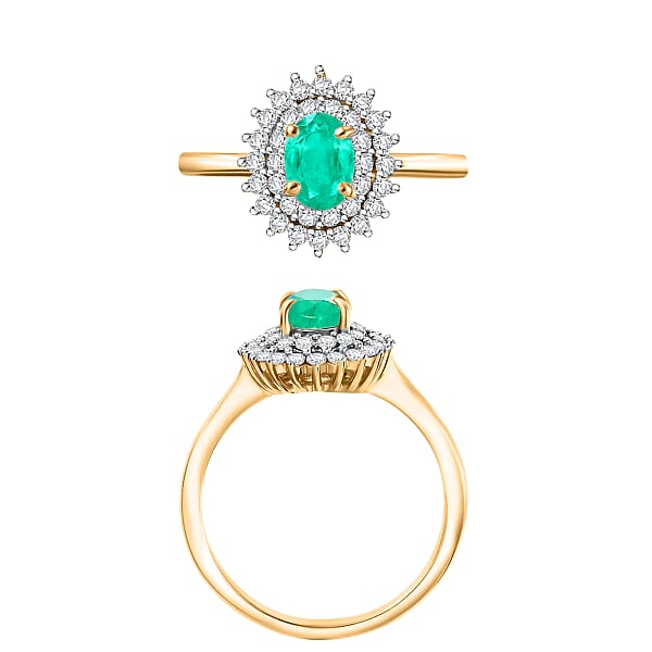D'Joy Kagem Zambian Emerald And Diamond 1.30 Ctw Sunburst Ring In 18K Vermeil Yellow Gold Over Sterling Silver
