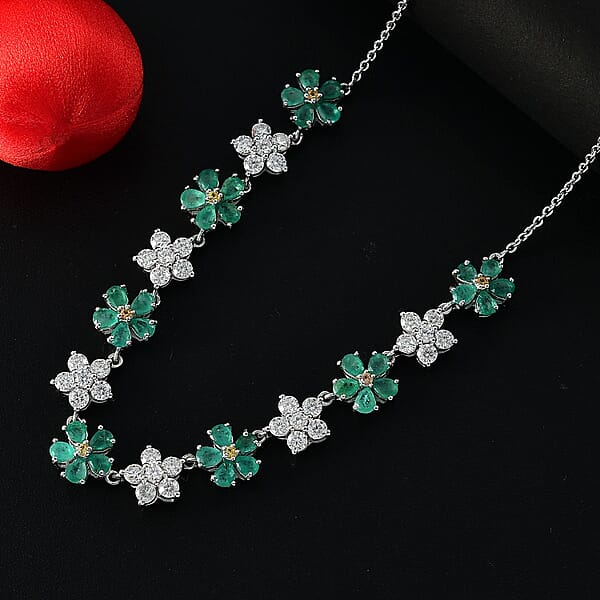 D'Joy Kagem Zambian Emerald And Multi Gemstone 8.70 Ctw Floral Necklace In Rhodium Over Sterling Silver 18 Inches