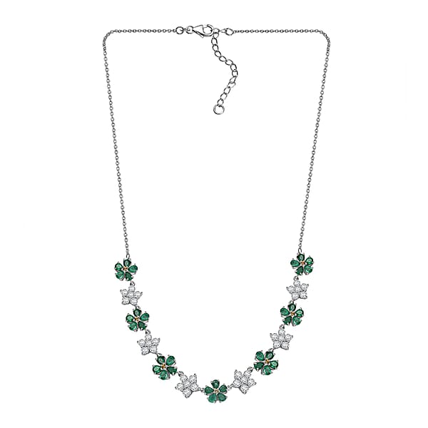 D'Joy Kagem Zambian Emerald And Multi Gemstone 8.70 Ctw Floral Necklace In Rhodium Over Sterling Silver 18 Inches