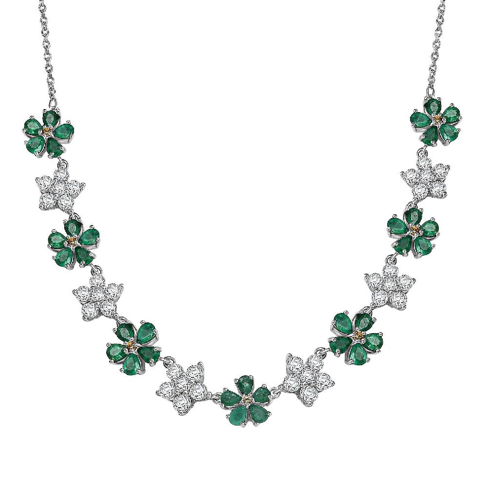 D'Joy Kagem Zambian Emerald and Multi Gemstone 8.70 ctw Floral Necklace in Rhodium Over Sterling Silver 18 Inches