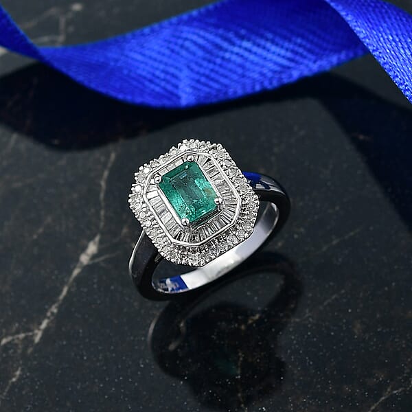 D'Joy Kagem Zambian Emerald Diamond Ring In Rhodium Over Sterling Silver 1.35 Ctw