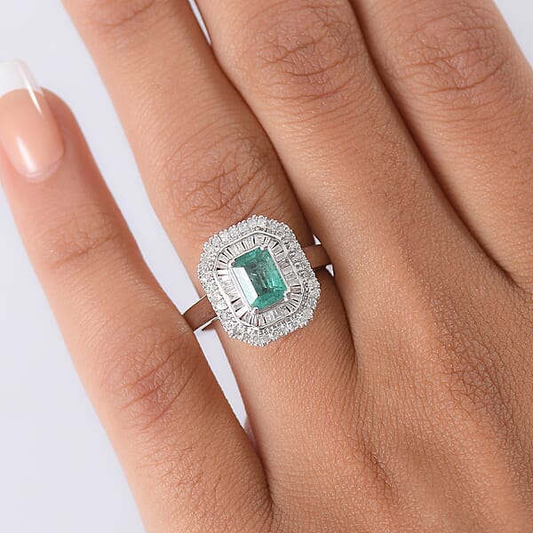 D'Joy Kagem Zambian Emerald Diamond Ring In Rhodium Over Sterling Silver 1.35 Ctw