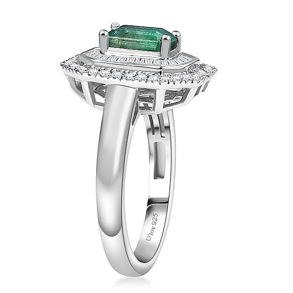 D'Joy Kagem Zambian Emerald Diamond Ring In Rhodium Over Sterling Silver 1.35 Ctw