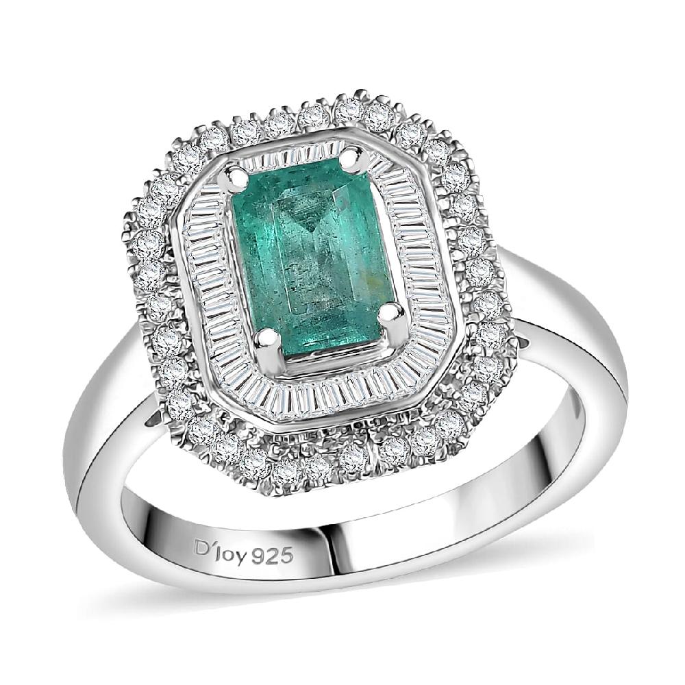 D'Joy Kagem Zambian Emerald Diamond Ring in Rhodium Over Sterling Silver 1.35 ctw