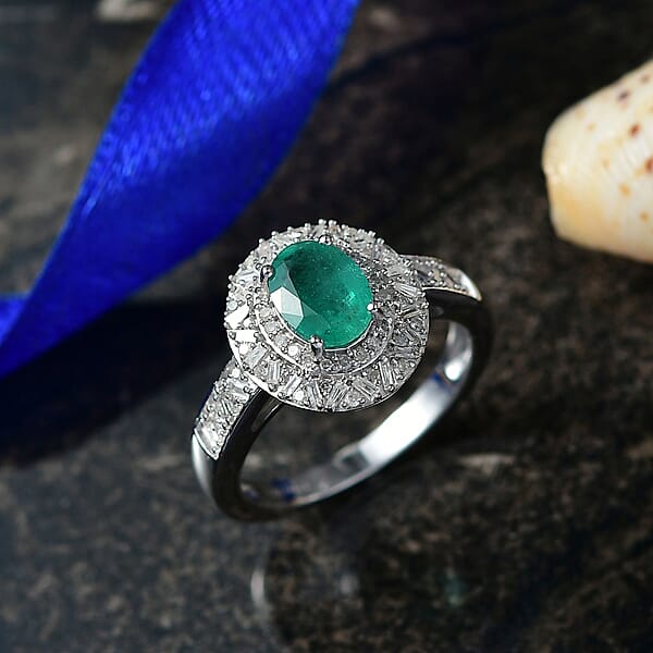 D'Joy Kagem Zambian Emerald Diamond Snowflake Ring In Rhodium Over Sterling Silver 1.60 Ctw