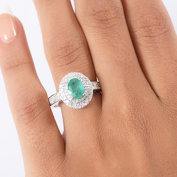 D'Joy Kagem Zambian Emerald Diamond Snowflake Ring In Rhodium Over Sterling Silver 1.60 Ctw