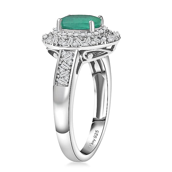 D'Joy Kagem Zambian Emerald Diamond Snowflake Ring In Rhodium Over Sterling Silver 1.60 Ctw