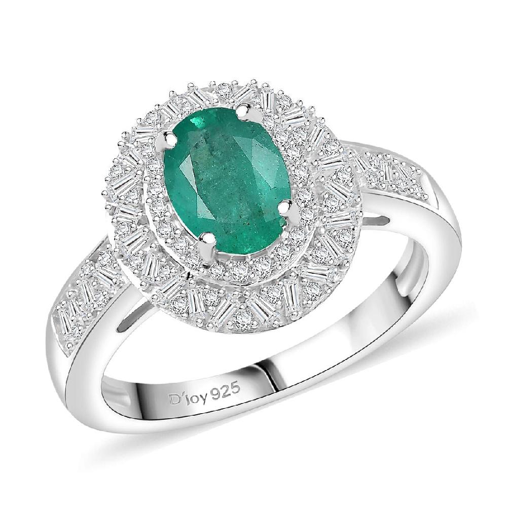 D'Joy Kagem Zambian Emerald Diamond Snowflake Ring in Rhodium Over Sterling Silver 1.60 ctw