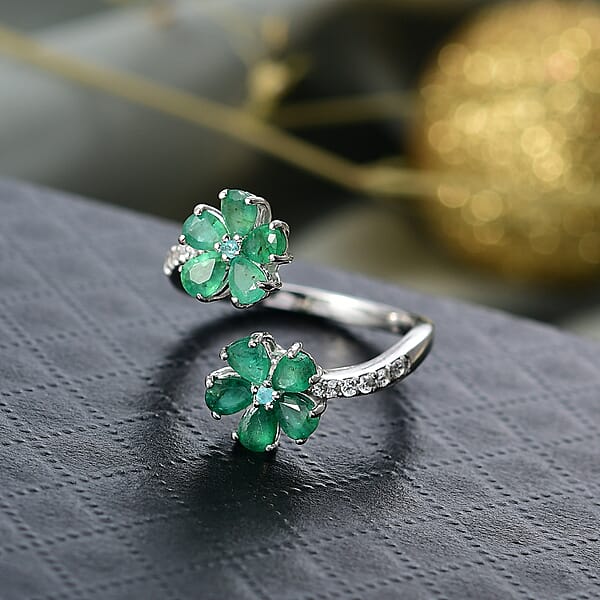D'Joy Kagem Zambian Emerald Multi Gemstone Floral Ring In Rhodium Over Sterling Silver 1.60 Ctw