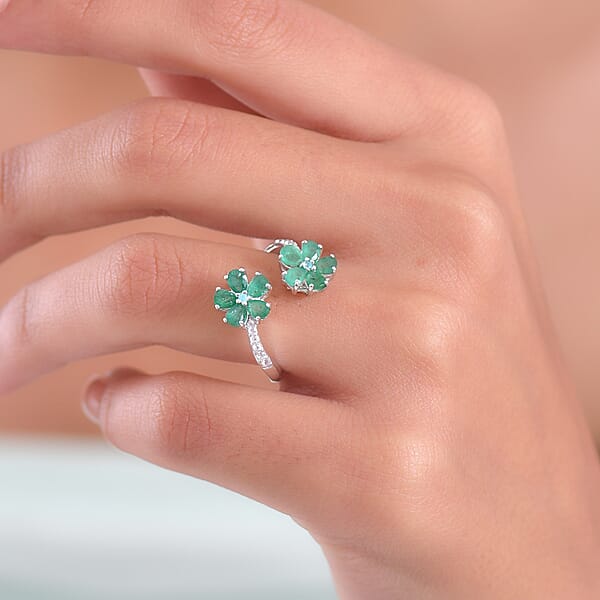 D'Joy Kagem Zambian Emerald Multi Gemstone Floral Ring In Rhodium Over Sterling Silver 1.60 Ctw