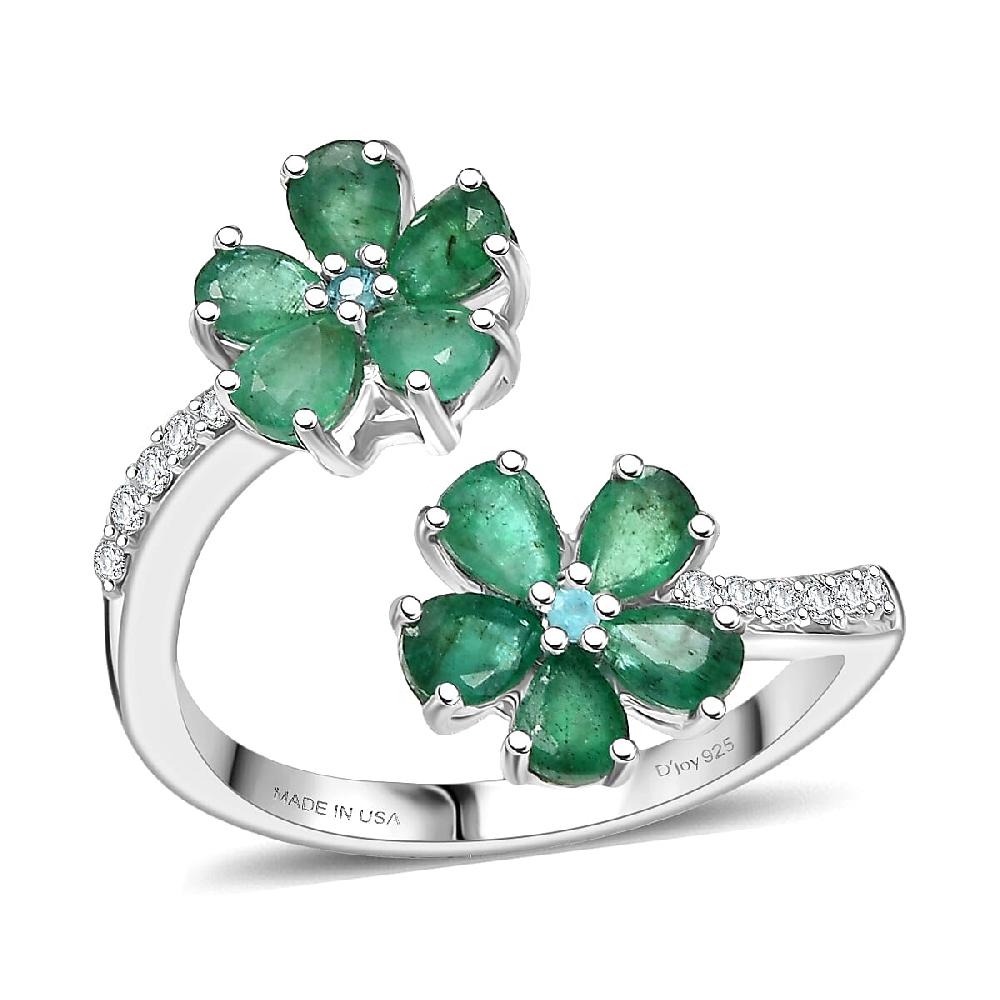 D'Joy Kagem Zambian Emerald Multi Gemstone Floral Ring in Rhodium Over Sterling Silver 1.60 ctw