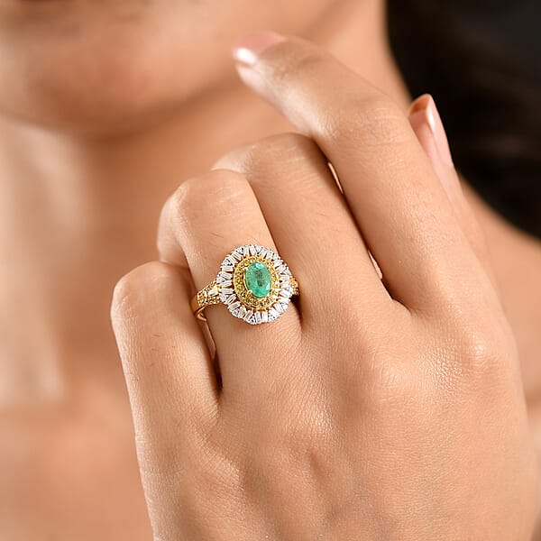 D'Joy Kagem Zambian Emerald Multi Gemstone Ring In 18K Vermeil YG Over Sterling Silver 1.70 Ctw