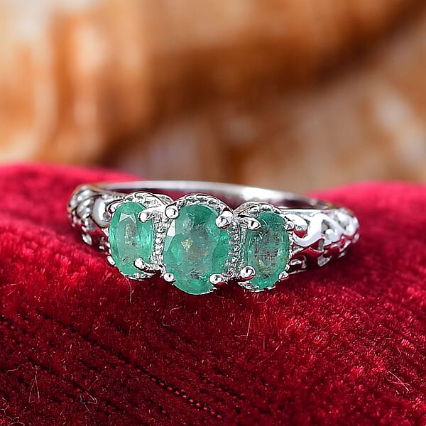 D'Joy Kagem Zambian Emerald Trilogy Ring In Platinum Over Sterling Silver 0.90 Ctw