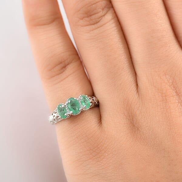 D'Joy Kagem Zambian Emerald Trilogy Ring In Platinum Over Sterling Silver 0.90 Ctw