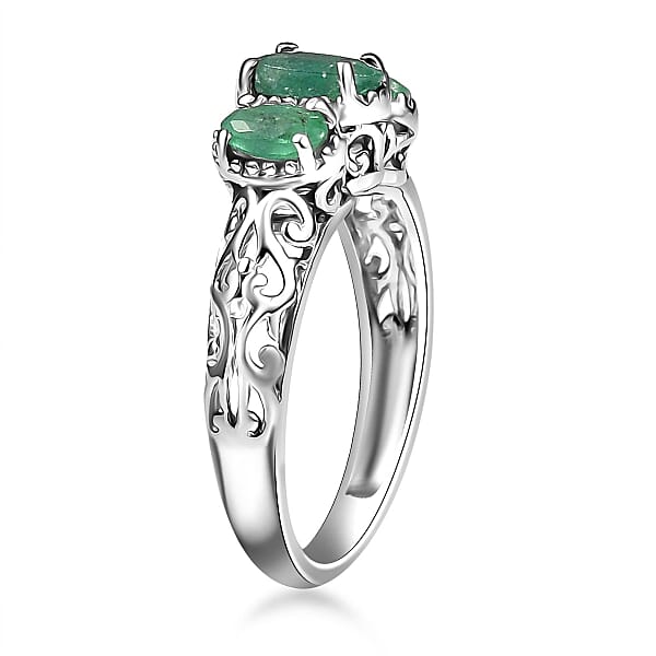 D'Joy Kagem Zambian Emerald Trilogy Ring In Platinum Over Sterling Silver 0.90 Ctw