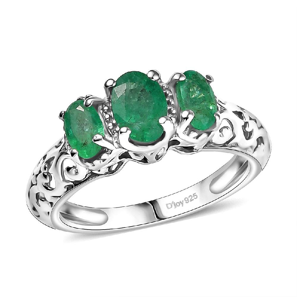 D'Joy Kagem Zambian Emerald Trilogy Ring in Platinum Over Sterling Silver 0.90 ctw