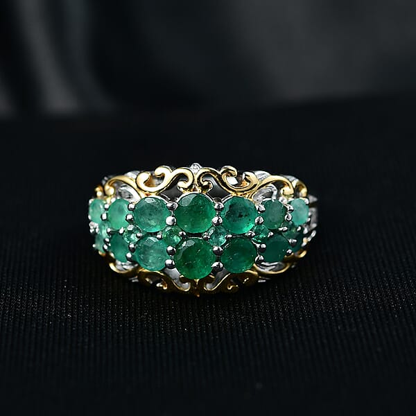 D'Joy Kagem Zambian Emerald White Zircon Ring In 18K Vermeil YG And Rhodium Over Sterling Silver 1.90 Ctw