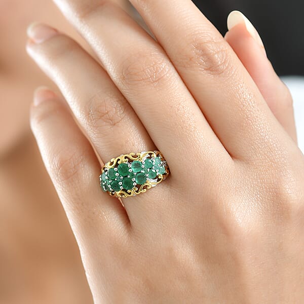 D'Joy Kagem Zambian Emerald White Zircon Ring In 18K Vermeil YG And Rhodium Over Sterling Silver 1.90 Ctw