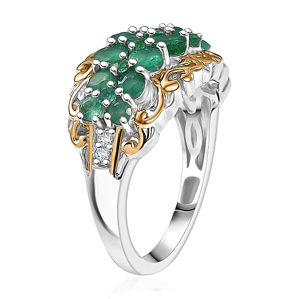 D'Joy Kagem Zambian Emerald White Zircon Ring In 18K Vermeil YG And Rhodium Over Sterling Silver 1.90 Ctw