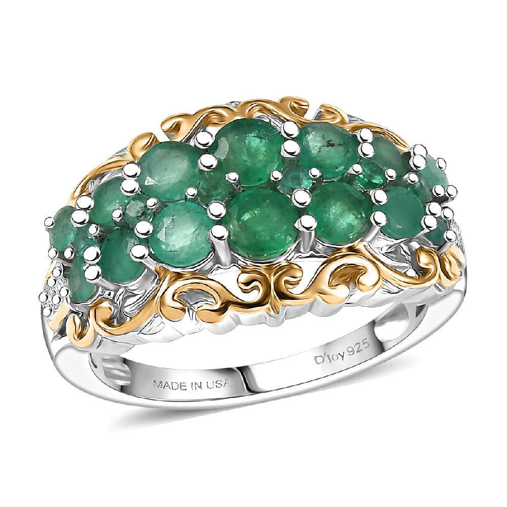 D'Joy Kagem Zambian Emerald White Zircon Ring in 18K Vermeil YG and Rhodium Over Sterling Silver 1.90 ctw