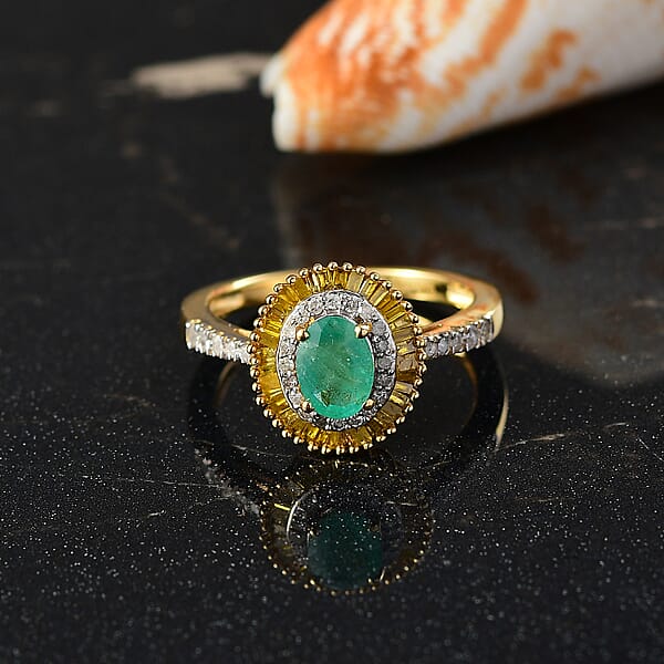D'Joy Kagem Zambian Emerald Yellow Diamond Diamond Halo Ring In 18K Vermeil YG Over Sterling Silver 1.25 Ctw
