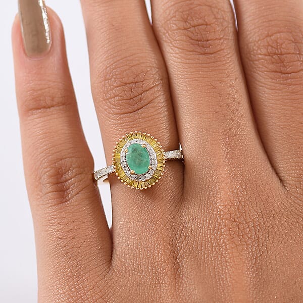 D'Joy Kagem Zambian Emerald Yellow Diamond Diamond Halo Ring In 18K Vermeil YG Over Sterling Silver 1.25 Ctw