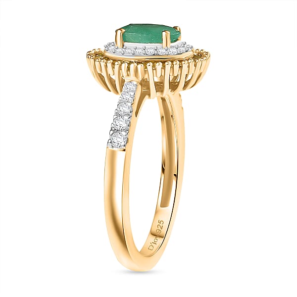 D'Joy Kagem Zambian Emerald Yellow Diamond Diamond Halo Ring In 18K Vermeil YG Over Sterling Silver 1.25 Ctw