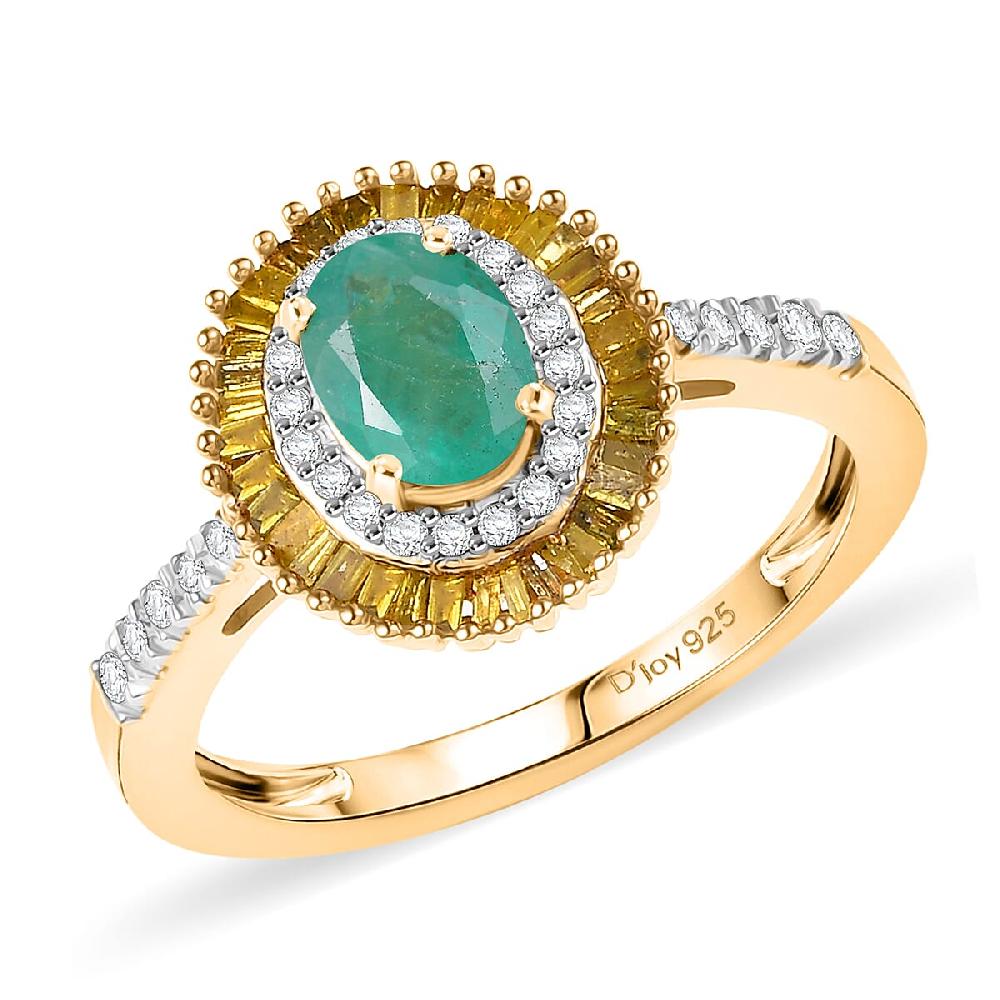 D'Joy Kagem Zambian Emerald Yellow Diamond Diamond Halo Ring in 18K Vermeil YG Over Sterling Silver 1.25 ctw