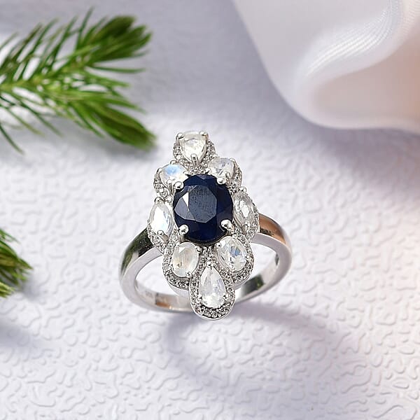 D'Joy Kanchanaburi Blue Sapphire And Multi Gemstone 4.85 Ctw Ring In Rhodium Over Sterling Silver