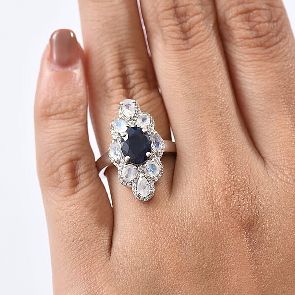 D'Joy Kanchanaburi Blue Sapphire And Multi Gemstone 4.85 Ctw Ring In Rhodium Over Sterling Silver