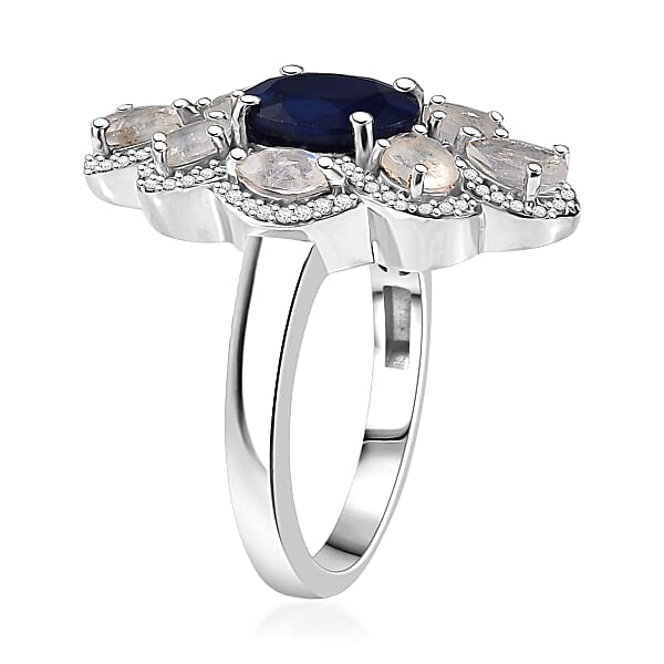 D'Joy Kanchanaburi Blue Sapphire And Multi Gemstone 4.85 Ctw Ring In Rhodium Over Sterling Silver