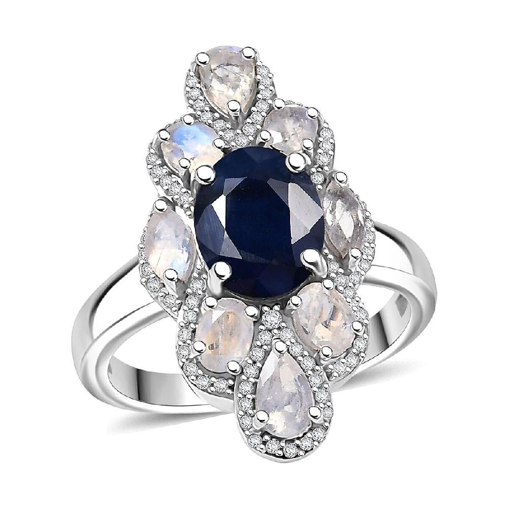 D'Joy Kanchanaburi Blue Sapphire and Multi Gemstone 4.85 ctw Ring in Rhodium Over Sterling Silver