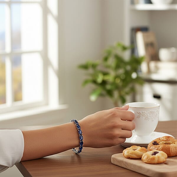 D'Joy Kanchanaburi Blue Sapphire (DF) 15.60 Ctw Regal Symphony Bracelet In Rhodium Over Sterling Silver (6.50 In)