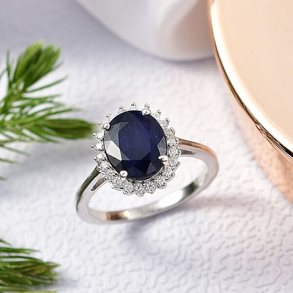 D'Joy Kanchanaburi Blue Sapphire (DF) And Moissanite 5.30 Ctw Starlit Aura Ring In Rhodium Over Sterling Silver