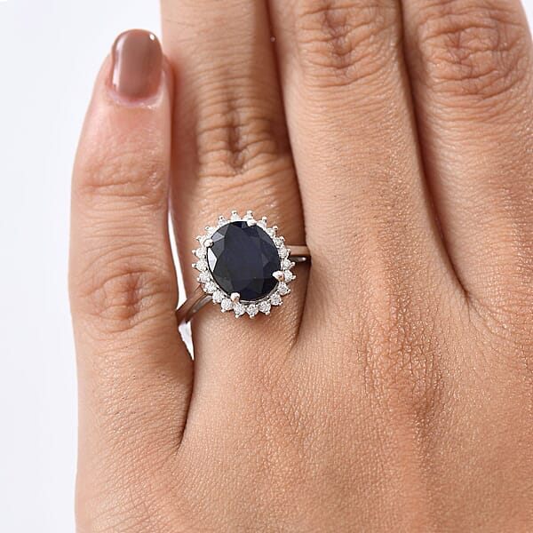 D'Joy Kanchanaburi Blue Sapphire (DF) And Moissanite 5.30 Ctw Starlit Aura Ring In Rhodium Over Sterling Silver