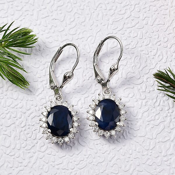 D'Joy Kanchanaburi Blue Sapphire (DF) And Moissanite 5.15 Ctw Starlit Aura Lever Back Earrings In Rhodium Over Sterling Silver