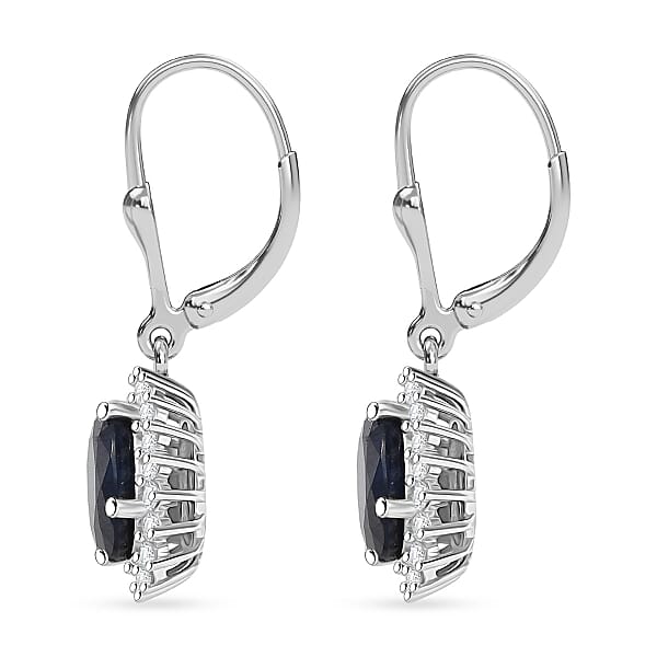 D'Joy Kanchanaburi Blue Sapphire (DF) And Moissanite 5.15 Ctw Starlit Aura Lever Back Earrings In Rhodium Over Sterling Silver