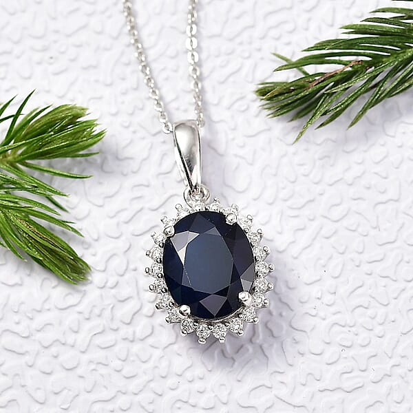 D'Joy Kanchanaburi Blue Sapphire (DF) And Moissanite 4.60 Ctw Starlit Aura Pendant With Necklace 20 Inches In Rhodium Over Sterling Silver