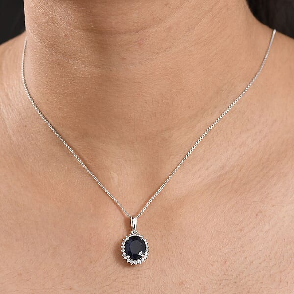 D'Joy Kanchanaburi Blue Sapphire (DF) And Moissanite 4.60 Ctw Starlit Aura Pendant With Necklace 20 Inches In Rhodium Over Sterling Silver