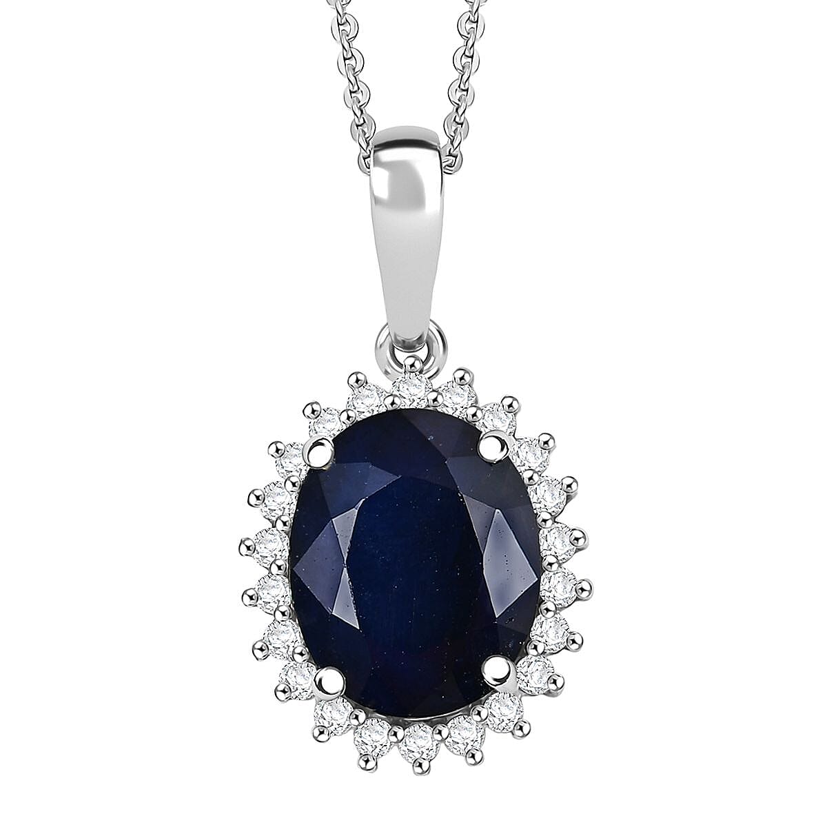 D'Joy Kanchanaburi Blue Sapphire (DF) and Moissanite 4.60 ctw Starlit Aura Pendant with Necklace 20 Inches in Rhodium Over Sterling Silver