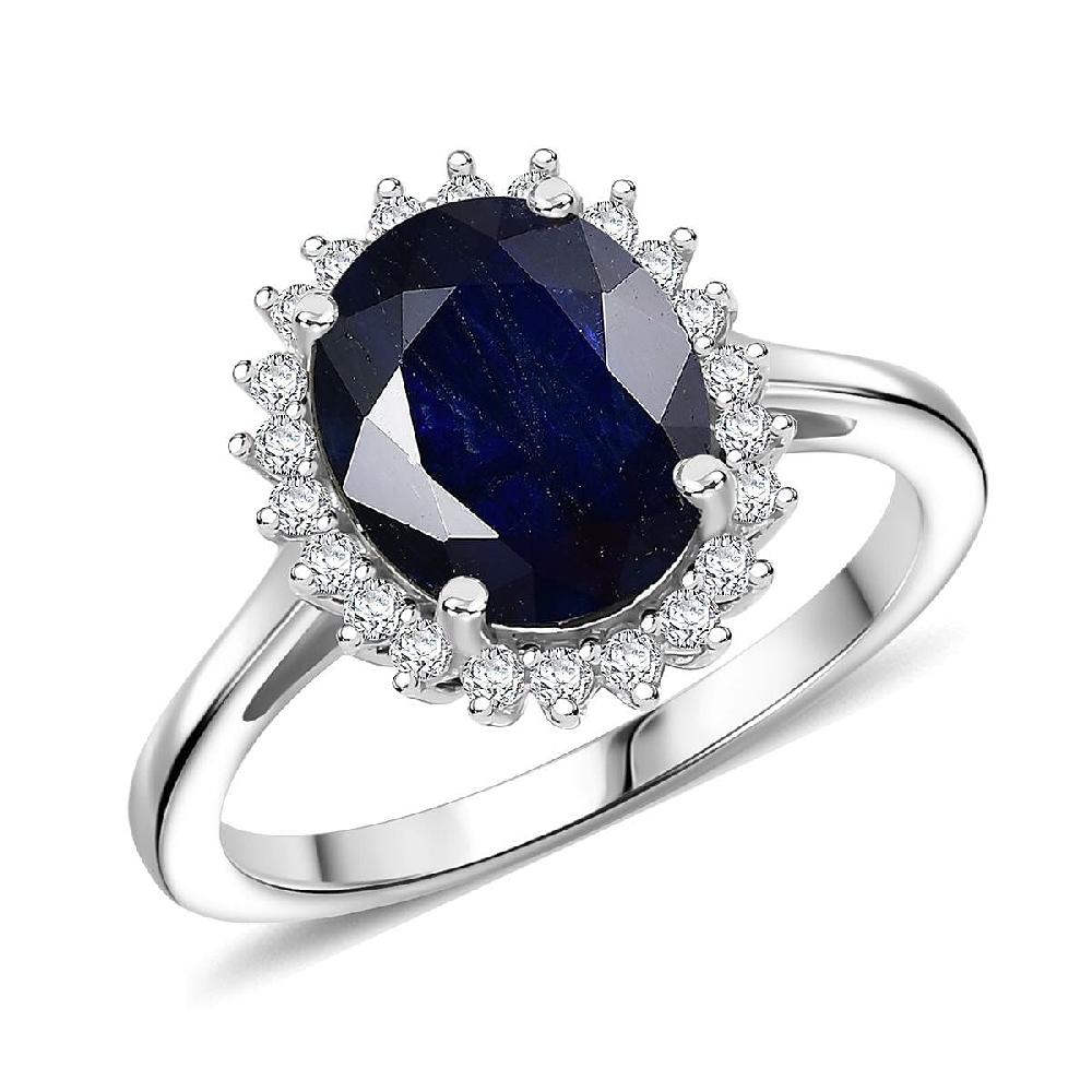 D'Joy Kanchanaburi Blue Sapphire (DF) and Moissanite 5.30 ctw Starlit Aura Ring in Rhodium Over Sterling Silver
