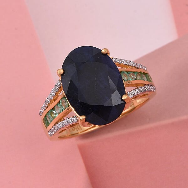D'Joy Kanchanaburi Blue Sapphire (DF) And Multi Gemstone 7.00 Ctw Royal Gleam Ring In 18K Vermeil Yellow Gold Over Sterling Silver