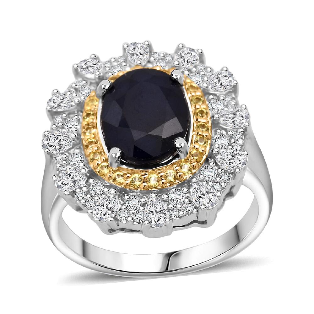 D'Joy Kanchanaburi Blue Sapphire (DF) and Multi Gemstone 4.25 ctw Regal Grace Ring in Rhodium Over Sterling Silver