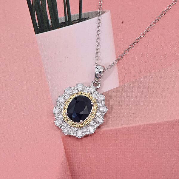 D'Joy Kanchanaburi Blue Sapphire (DF) And Multi Gemstone 4.25 Ctw Regal Grace Pendant Necklace 20 Inches In Rhodium Over Sterling Silver