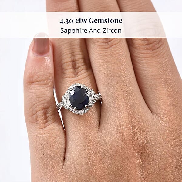 D'Joy Kanchanaburi Blue Sapphire (DF) White Zircon Ring In Rhodium Over Sterling Silver 4.30 Ctw